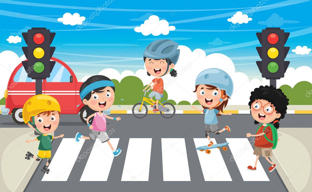 Vector Illustration Of Kids Walking Across Crosswalk