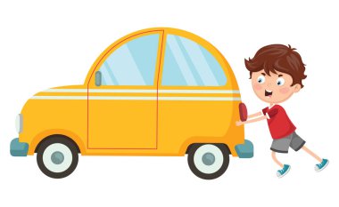 Vector Illustration Of Kid Pushing Car clipart