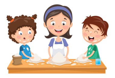 Anne ve çocuklar hamur hazırlama vektör çizimi