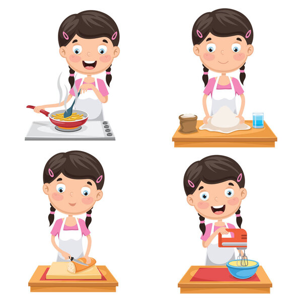 Vector Illustration Of Kid At Kitchen