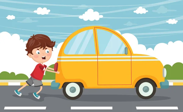 Ilustración Vectorial Del Coche Empuje Del Niño — Archivo Imágenes Vectoriales