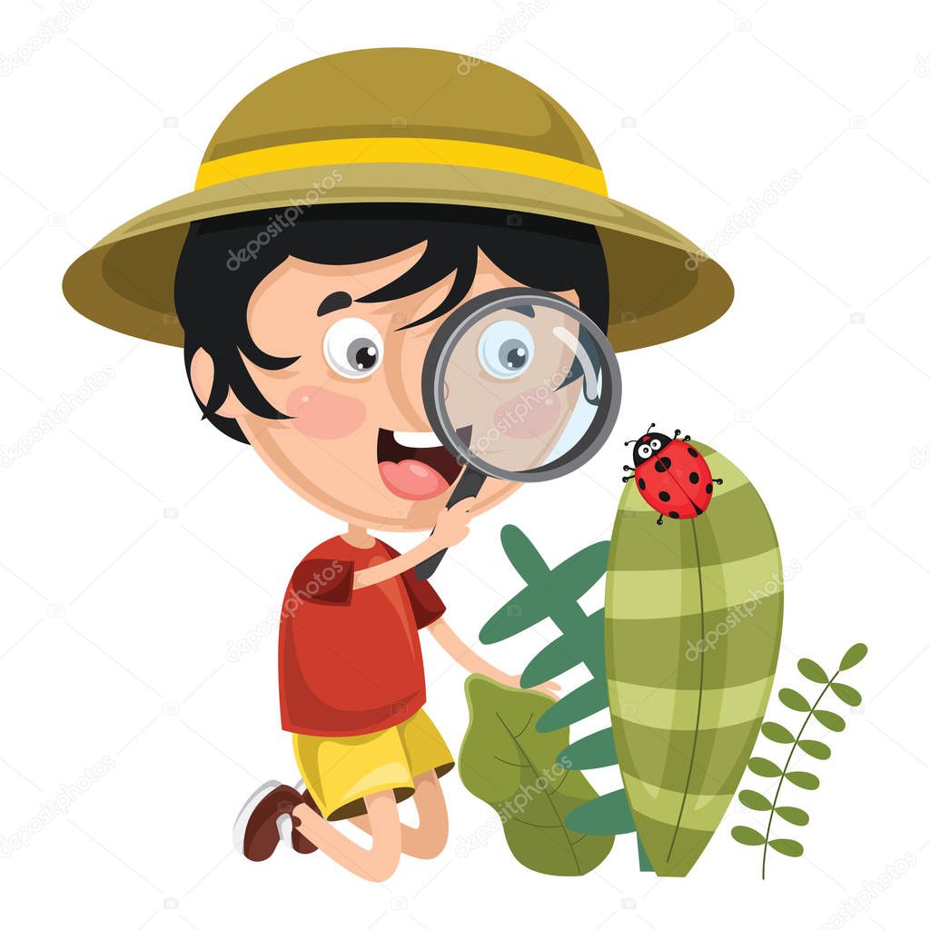 Vector Illustration Of Kid Using Magnifier