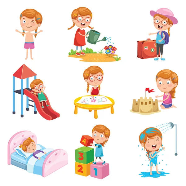 Vector Illustration Set Little Girl Daily Routines — Stock Vector