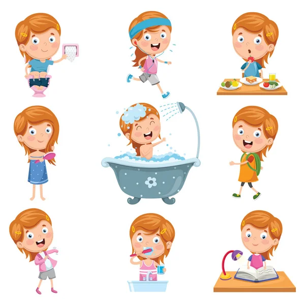 Illustration Vectorielle Ensemble Petites Filles Routines Quotidiennes — Image vectorielle