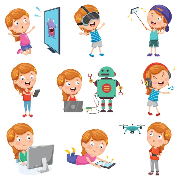 Vector Illustration Little Girl Playing Devices — Stock Vector