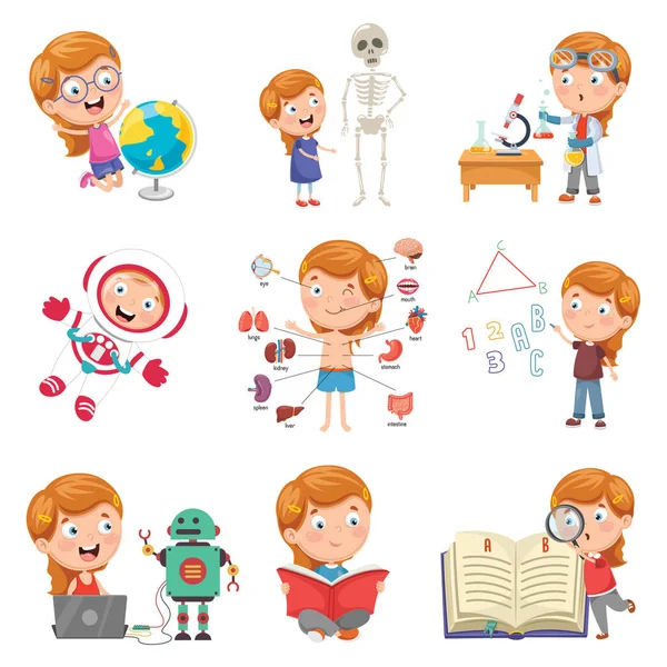 Vector Illustration Little Girl Studying Science — стоковый вектор