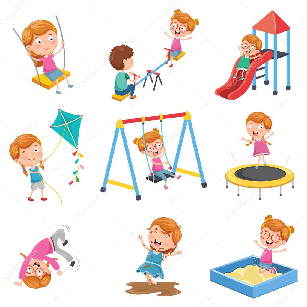 Vector Illustration Of Little Girl Playing At Park