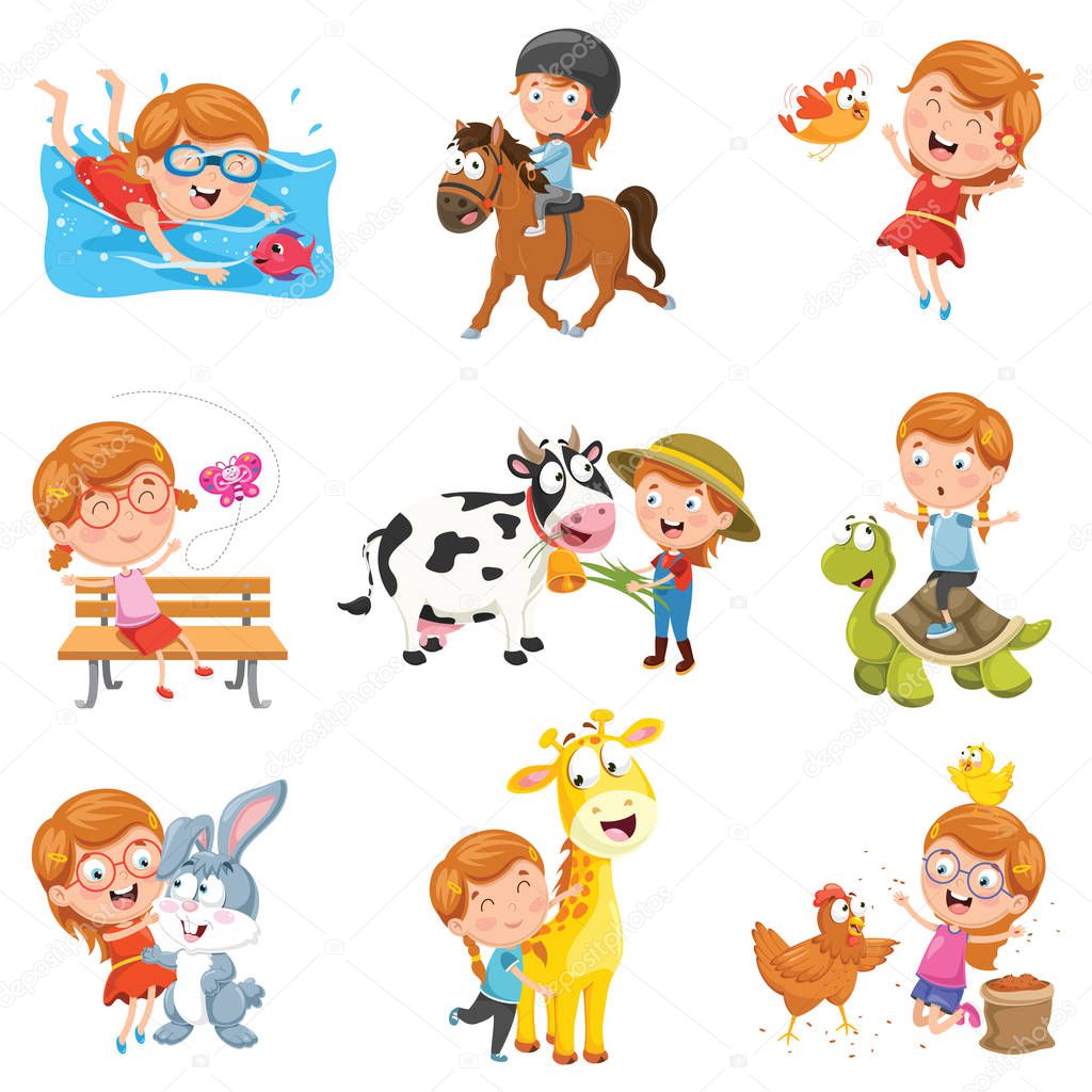 Vector Illustration Of Little Girl Playing With Animals