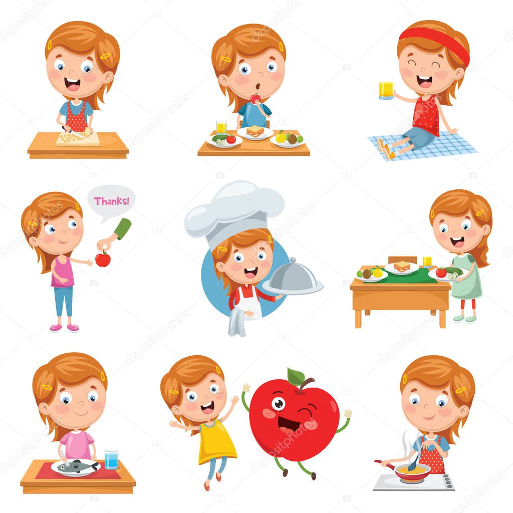 Vector Illustration Of Little Girl Eating