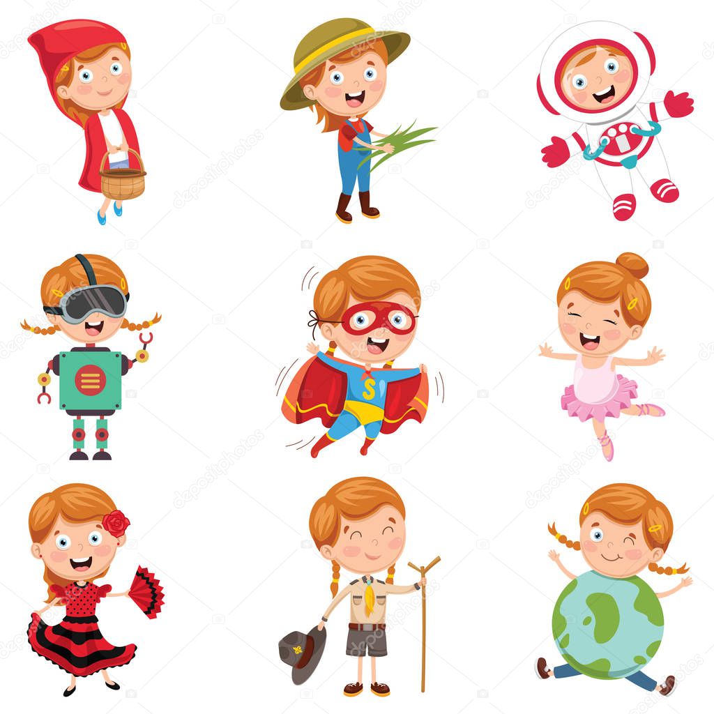 Vector Illustration Of Little Girl Wearing Various Costumes