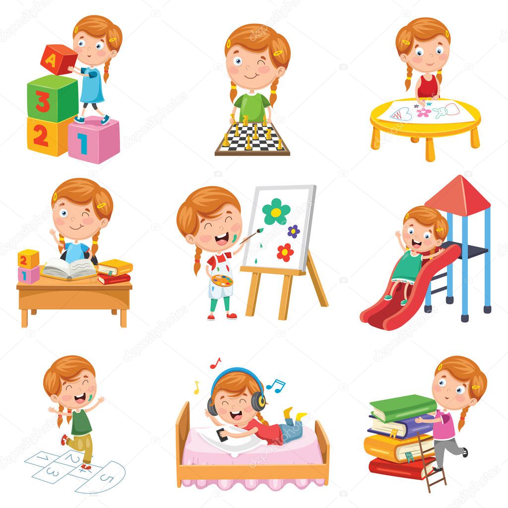 Vector Illustration Of Little Girl Playing