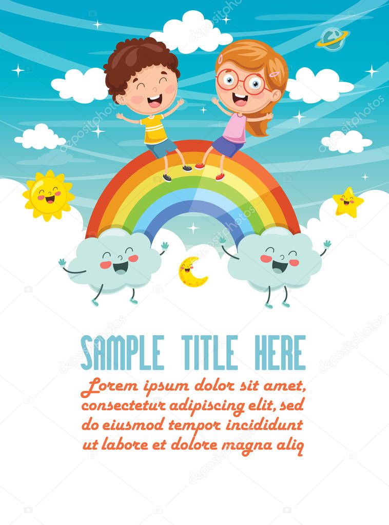 Vector Illustration Of Kids Sitting On Rainbow