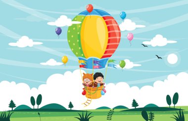 Sıcak hava balonu sürme çocuklar vektör çizim