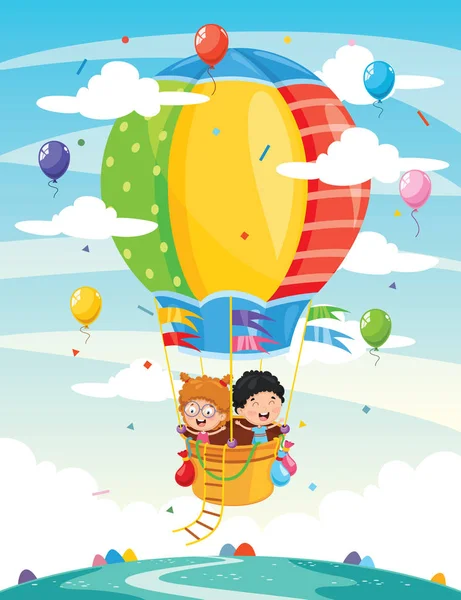 Vector Illustration Kids Riding Hot Air Balloon — Stock Vector
