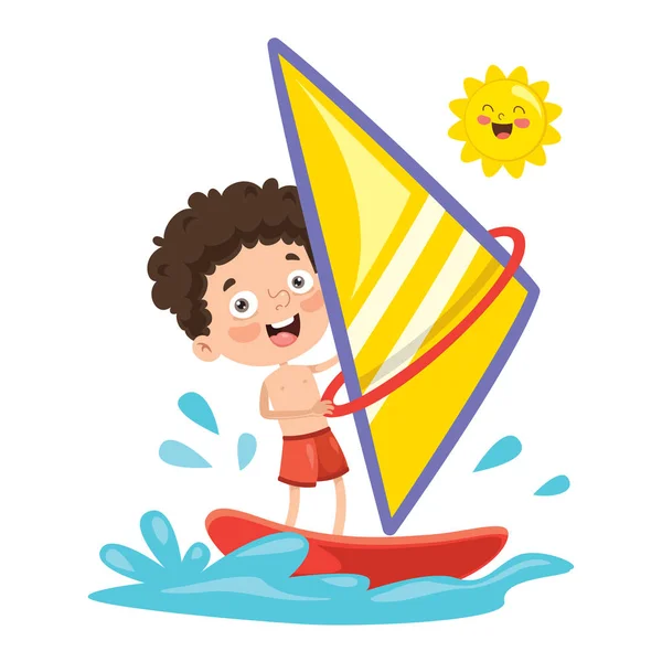 Vector Illustration Child Windsurfing — Stock Vector