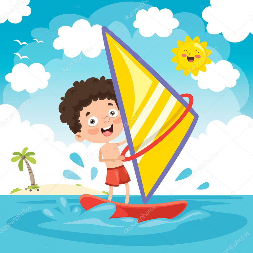 Vector Illustration Of Child Windsurfing