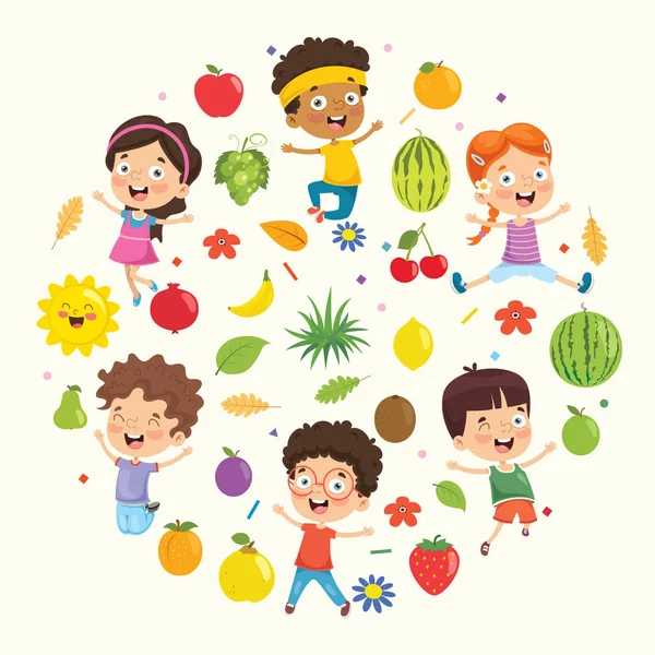 Raccolta Illustrazioni Vettoriali Bambini Frutta — Vettoriale Stock