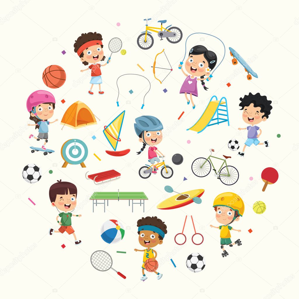 Vector Illustration Collection of Kids and Sport Equipments