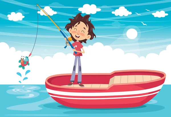 Ilustração Vetorial Uma Criança Pesca —  Vetores de Stock