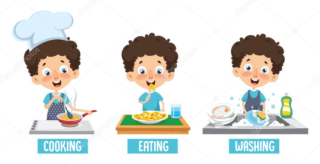 Vector Illustration Of Kid Cooking, Eating And Washing Dishes