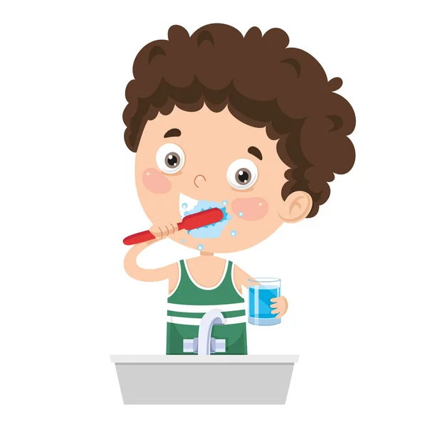Vector Illustration Kid Brushing Teeth — Stock Vector