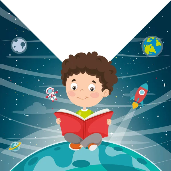 Vector Illustration Kid Reading Book — Stock Vector