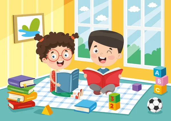 Διανυσματική Απεικόνιση Των Παιδιών Ανάγνωση Βιβλίου — Διανυσματικό Αρχείο