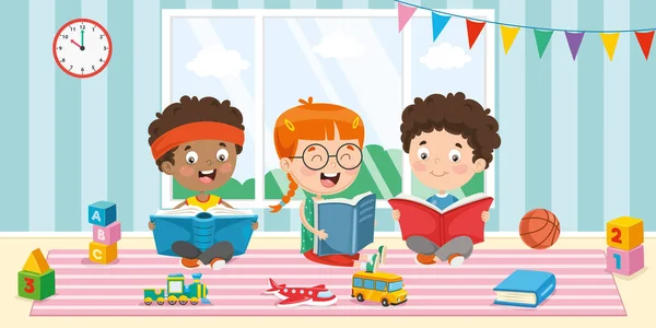 Kitap Okuyan Çocukların Vektör Çizimi — Stok Vektör