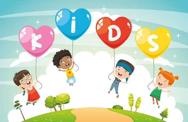 Vektorillustration Von Kindern Die Mit Luftballons Fliegen — Stockvektor