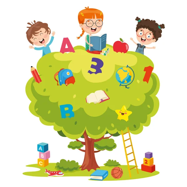 Ilustração Vetorial Crianças Estudando Árvore —  Vetores de Stock