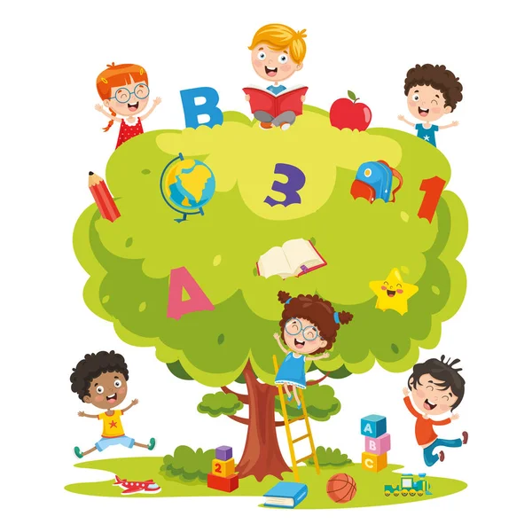 Vektorillustration Von Kindern Die Baum Lernen — Stockvektor