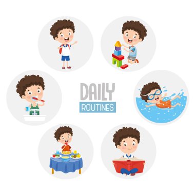 Çocuk günlük rutin faaliyetleri vektör çizim