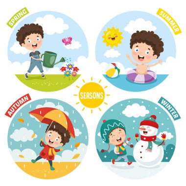 Çocuk ve dört mevsim vektör çizimi