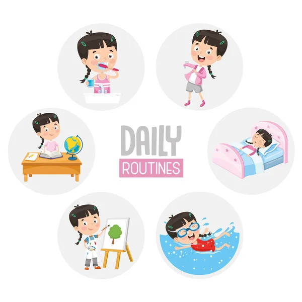 Vector Illustration Kid Daily Routine Activities — Stock Vector