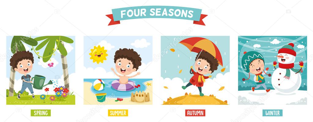 Vector Illustration Of Kid And Four Seasons