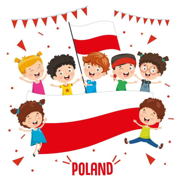 Ilustración Vectorial Niños Con Bandera Polonia — Archivo Imágenes Vectoriales