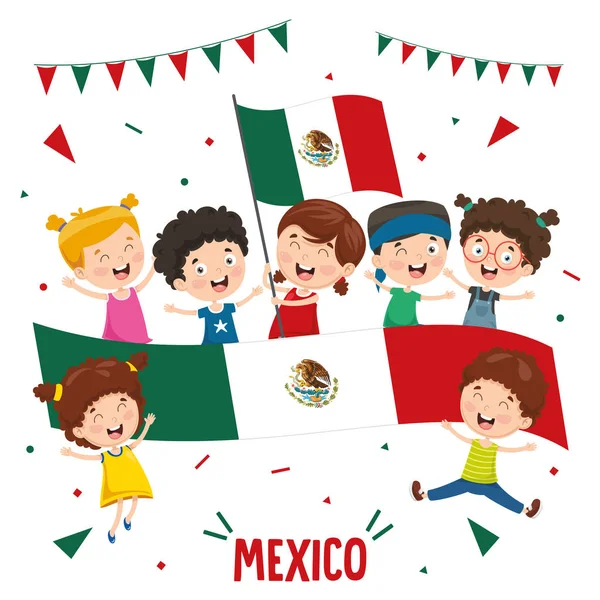 Ilustración Vectorial Niños Con Bandera México — Archivo Imágenes Vectoriales