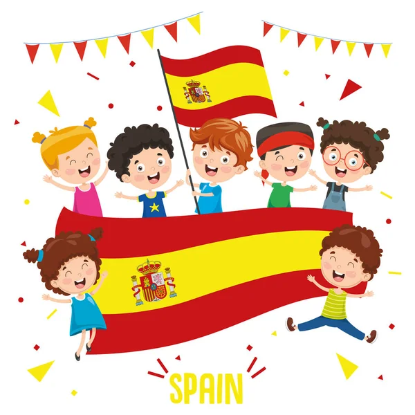 Illustrazione Vettoriale Dei Bambini Che Detengono Bandiera Spagnola — Vettoriale Stock