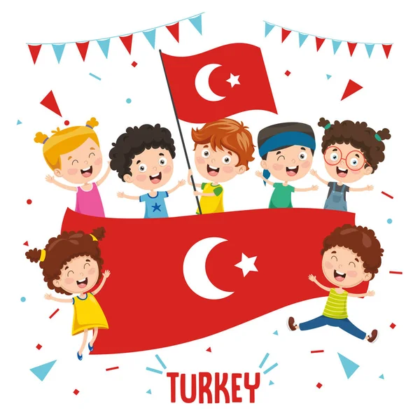 Ilustración Vectorial Niños Con Bandera Turquía — Vector de stock