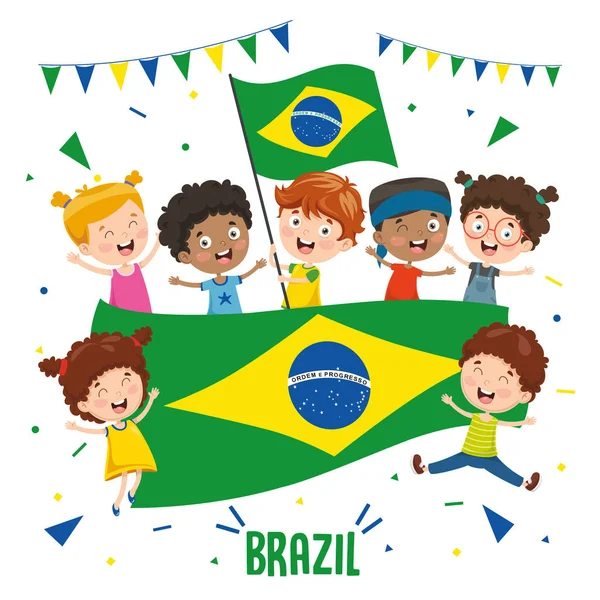 Illustration Vectorielle Enfants Portant Drapeau Brésil — Image vectorielle