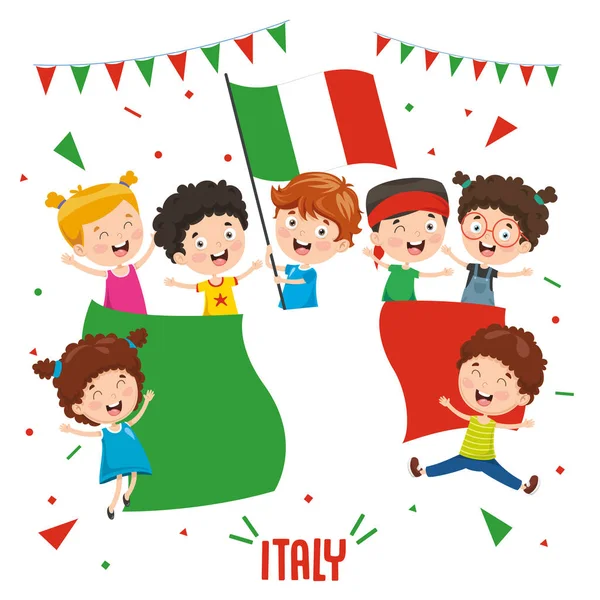 持有意大利国旗的儿童的向量插图 — 图库矢量图片
