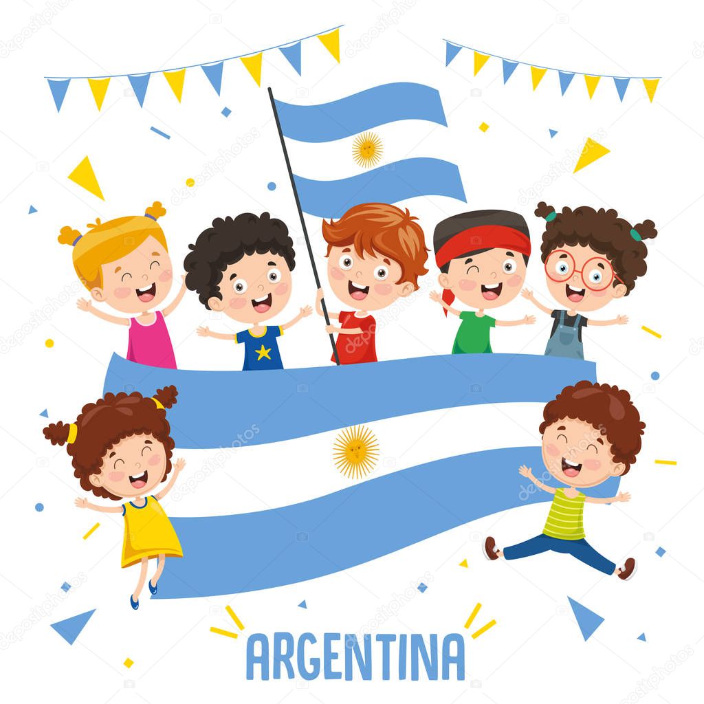 Vector Illustration Of Children Holding Argentina Flag