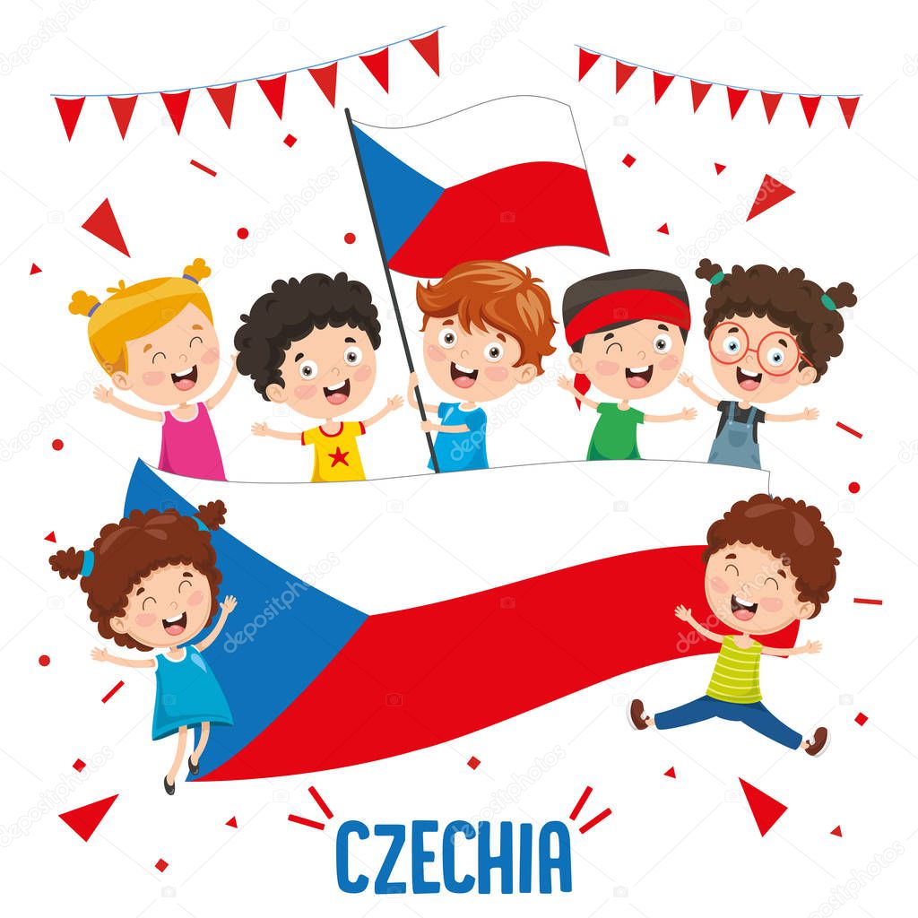 Vector Illustration Of Children Holding Czechia Flag