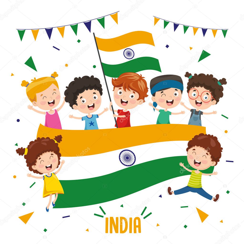 Vector Illustration Of Children Holding India Flag