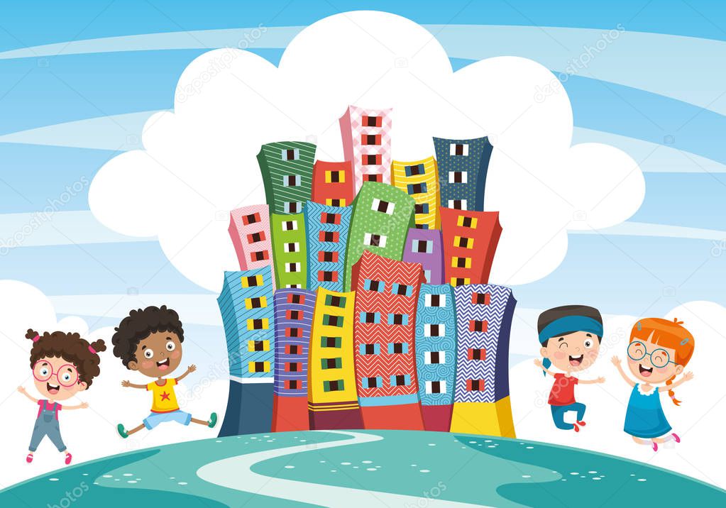Vector Illustration Of Abstract City And Children