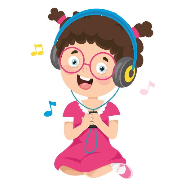 Vector Illustration Kid Listening Music — Stock Vector