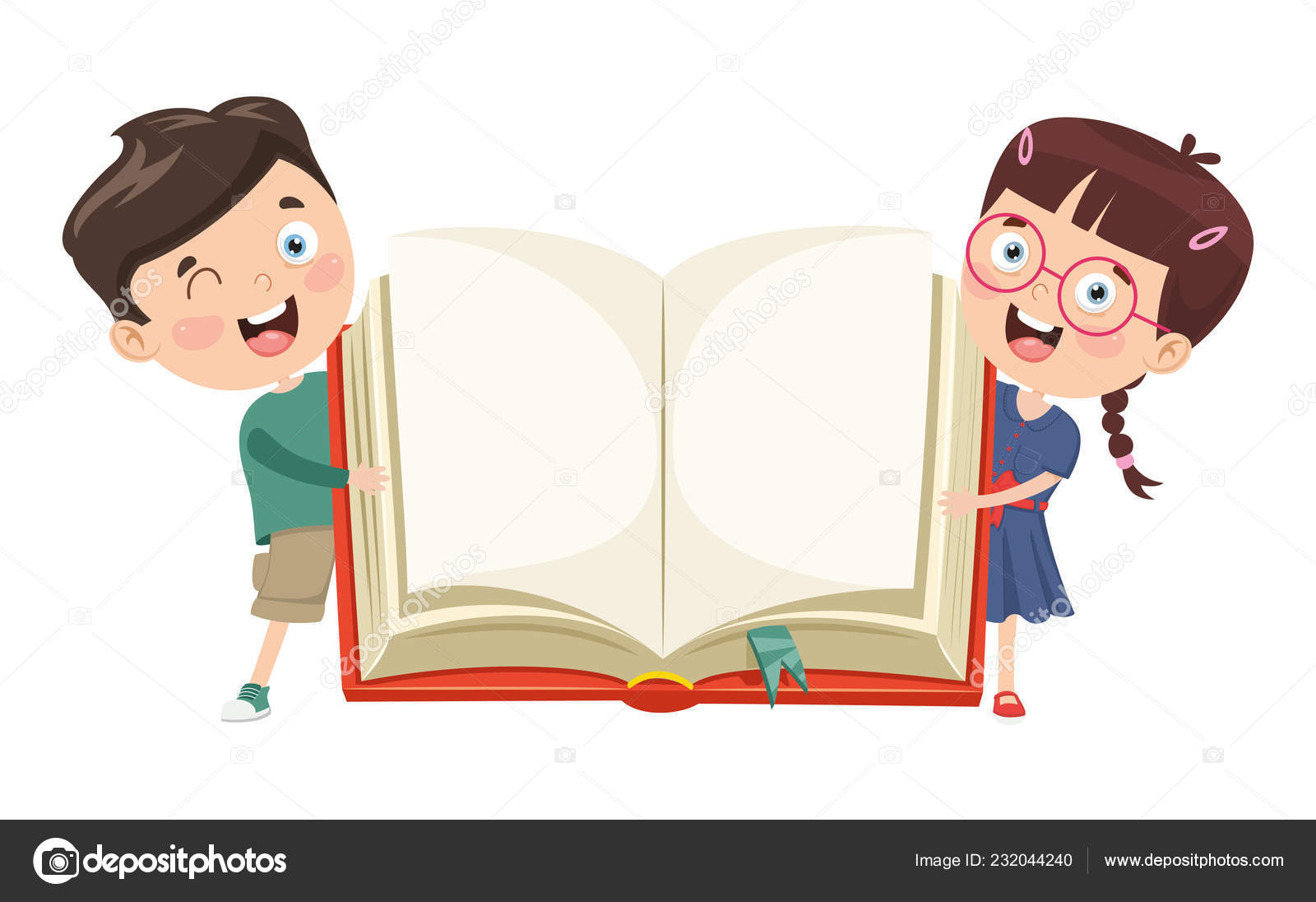Векторная Иллюстрация Детей Демонстрирующих Открытую Книгу.