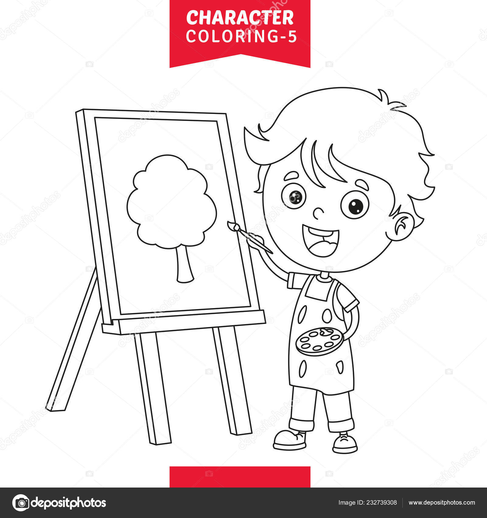 Easel with Painting Isolated Coloring Page - Stock Illustration