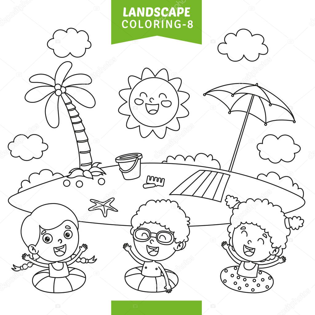 Vector Illustration Of Landscape Coloring Page