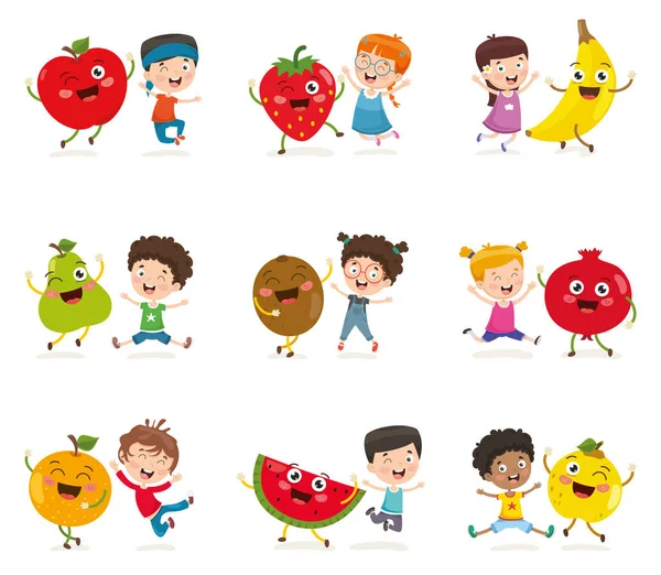 Vectorillustratie Van Kinderen Fruit Tekens — Stockvector